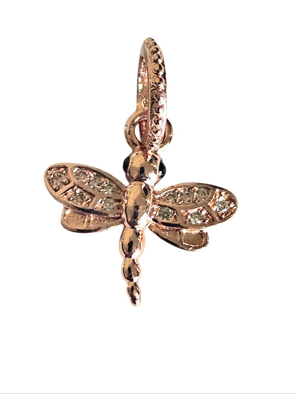 Rose Gold Dragonfly Dangle Bracelet Charm w/Beautiful Clear Rhinestones